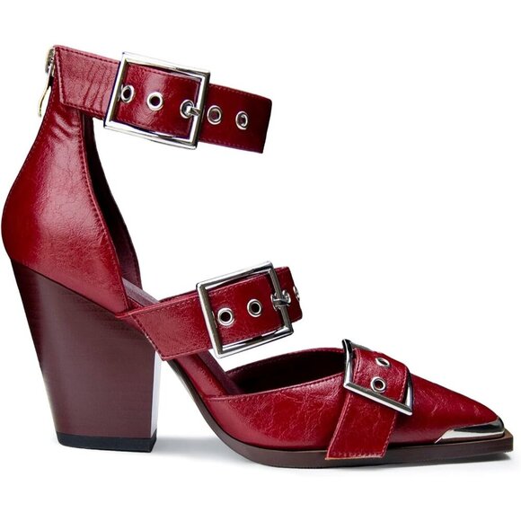 Women High Heels Ankle Strap Pointed Toe Stiletto Sandals  Women\'s Burgundy Chunky Wedge  Pointed Toe  Ankle Strap Metal Buckle Pumps Heel